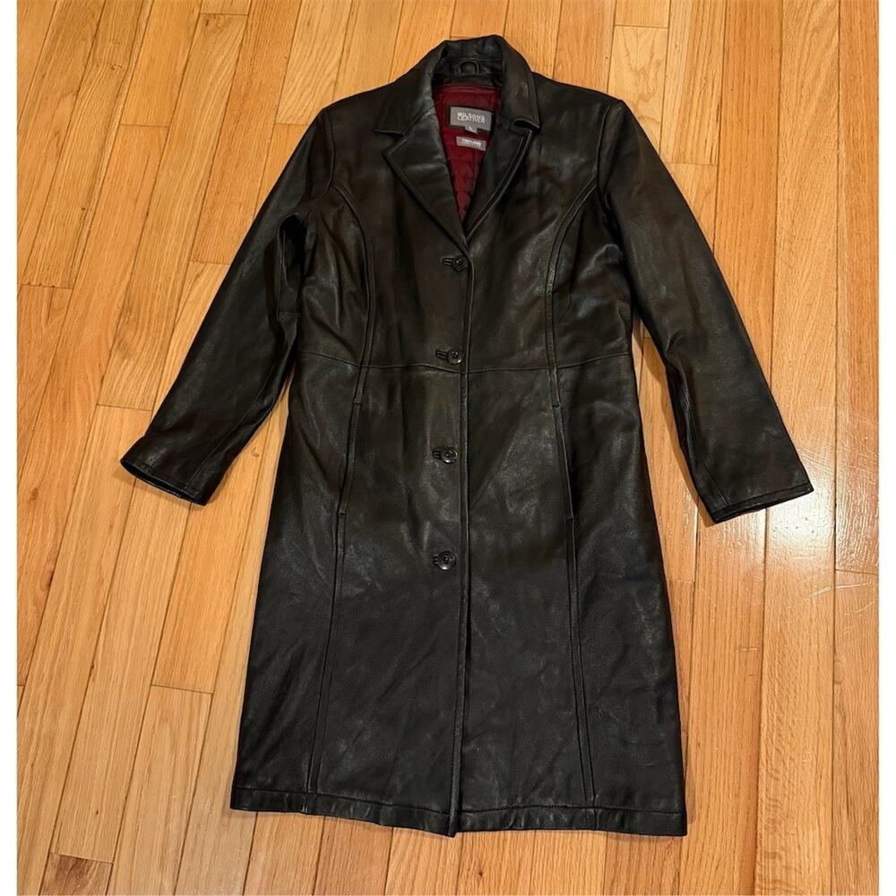 Wilsons Leather Trench Coat Womens Size L Black Long Quilted Lined